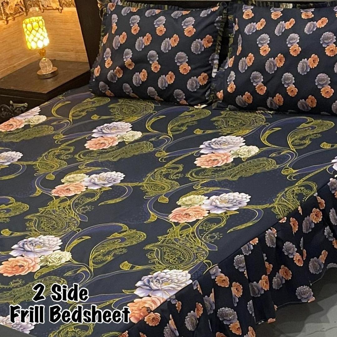 Luxurious Double Bedsheet Set - 3 Pcs in Frill Pattern with Pillow Covers - Black Mix Cotton