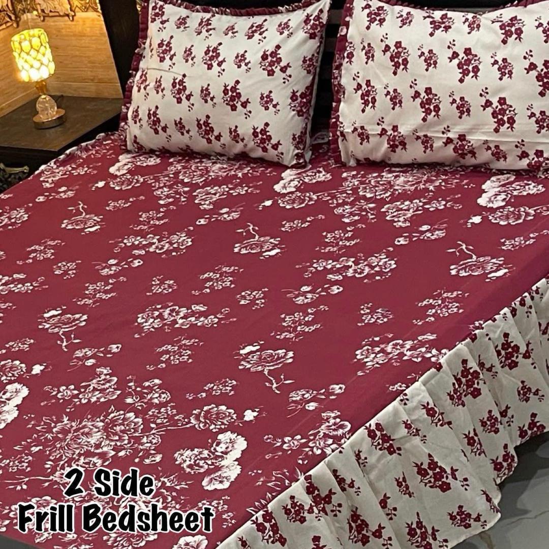 Luxurious 3 Pcs Double Bed Frill Bedsheet Set in Rich Maroon Cotton