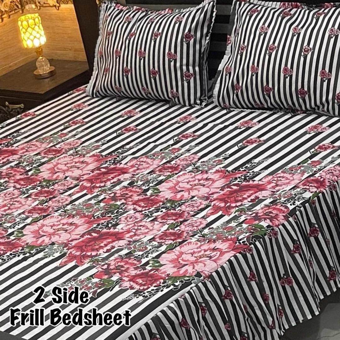 Colorful Frill Double Bedsheet Set - 3 Pcs Mix Cotton