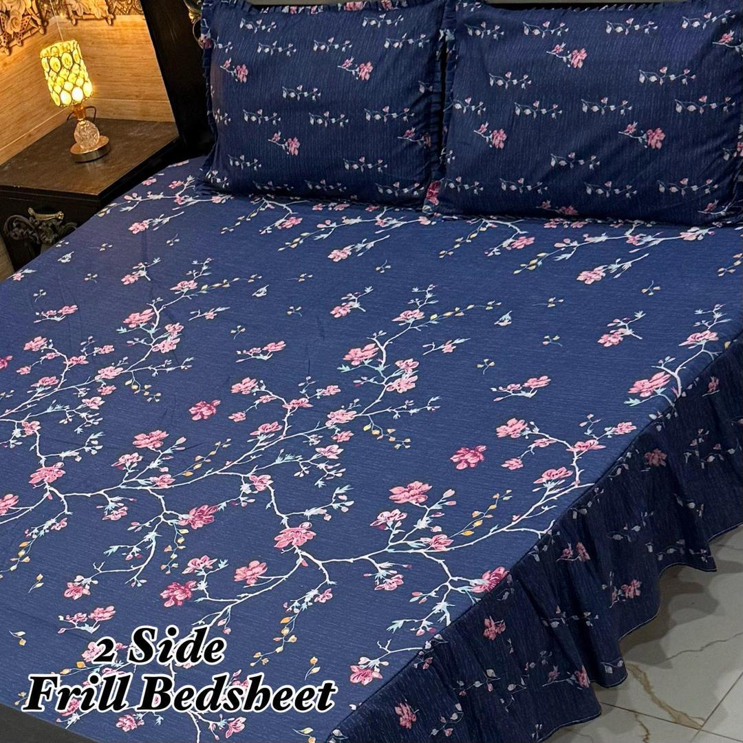 Elegant Blue Frill Double Bedsheet Set - 3 Pcs Mix Cotton