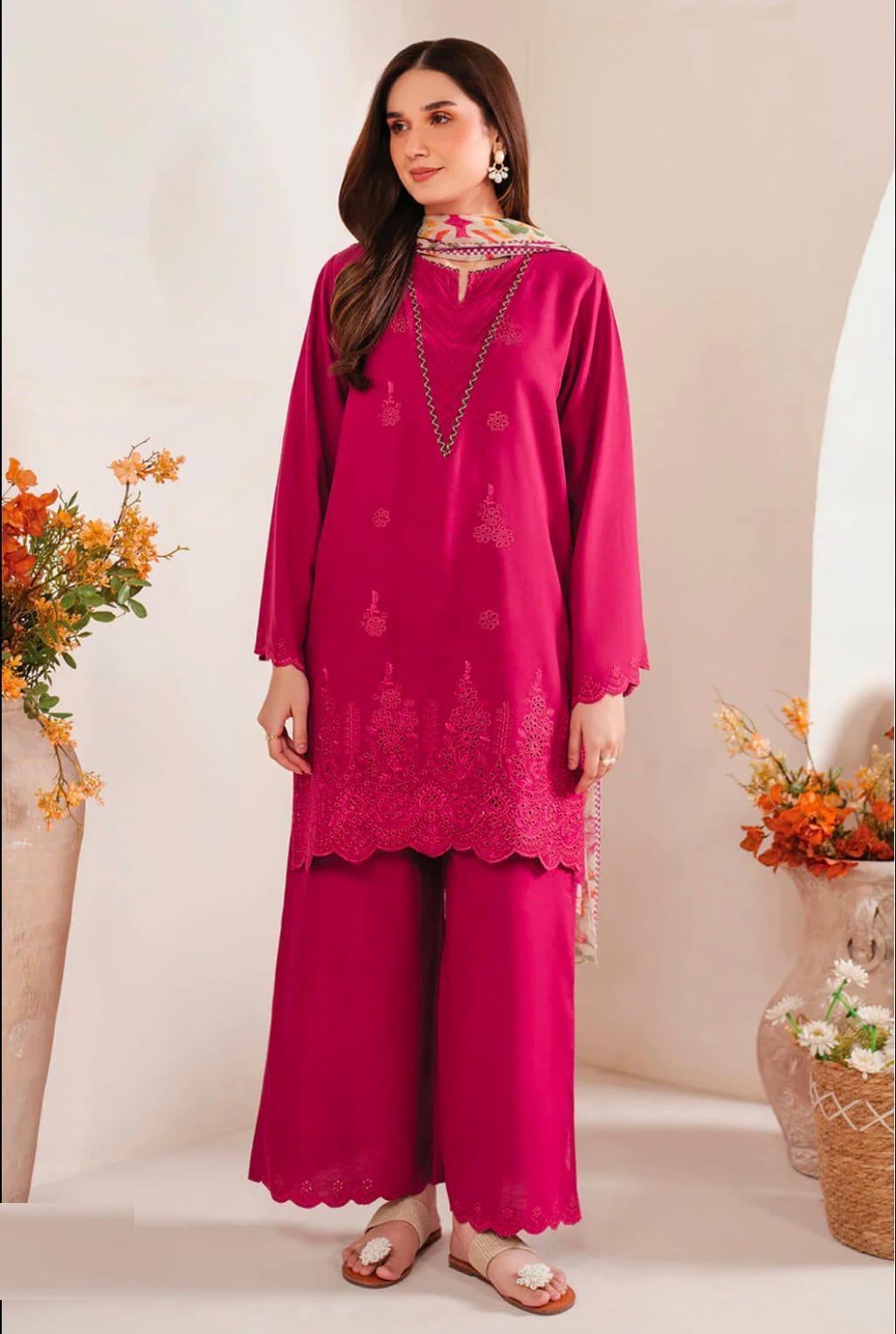 3 Pcs Women's Unstitched Chikankari Embroidered Suit