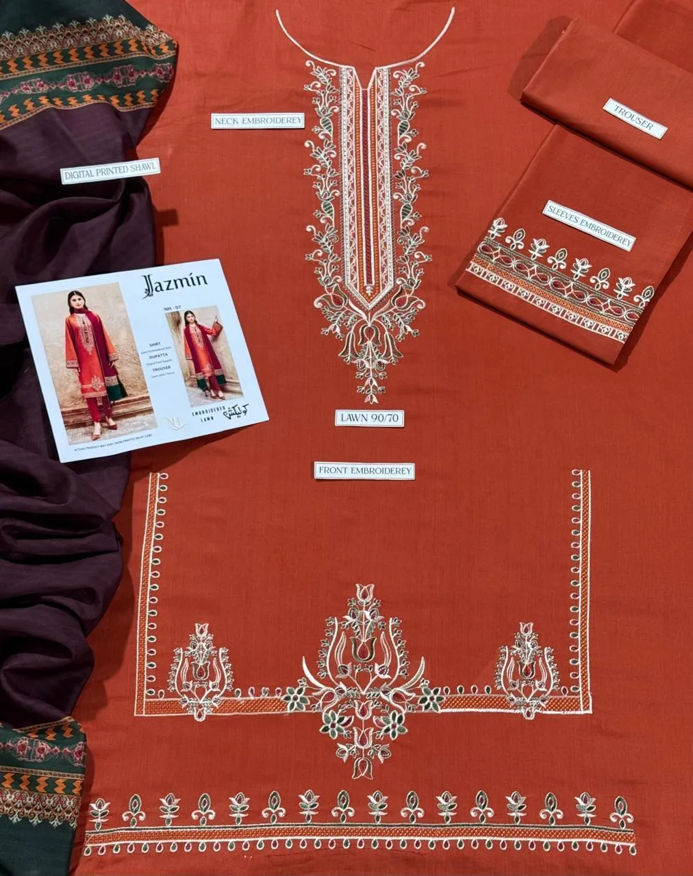 Women's 3-Piece Embroidered Lawn Suit Orange