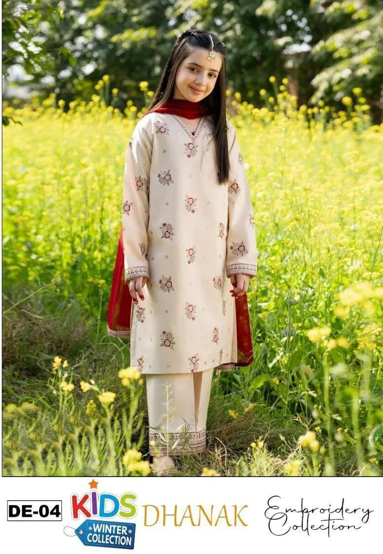 3 Pcs Girl's Dhanak Embroidered Kurta And Shalwar Suit