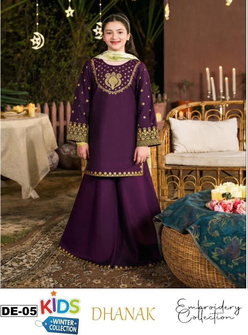 3 Pcs Girl's Dhanak Embroidered Kurta And Shalwar Suit
