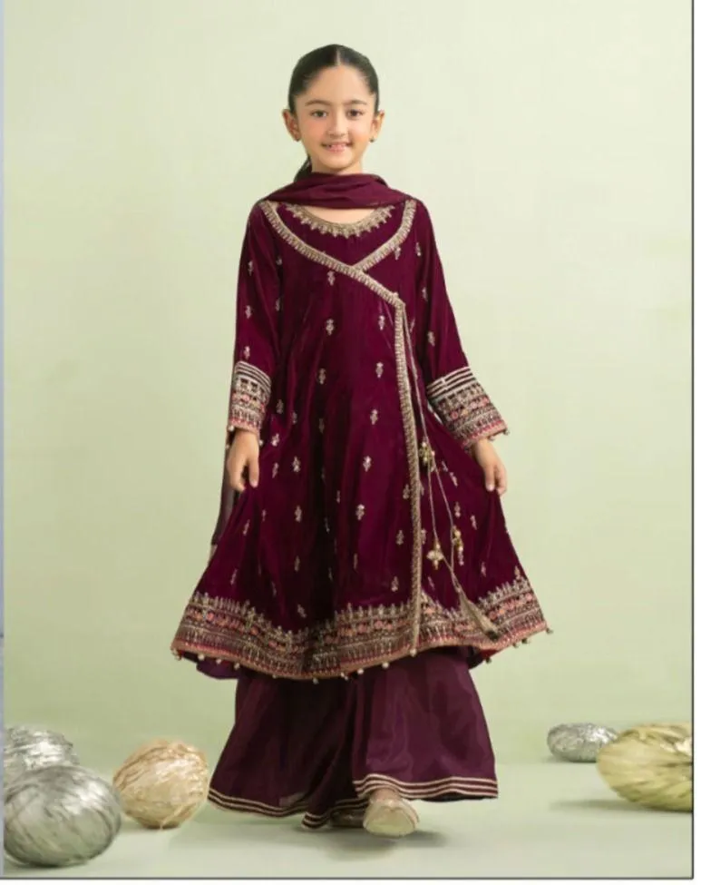 Maroon Embroidered Girl's Kurta Shalwar Suit 3Pcs - kids - Hunny Collection PK