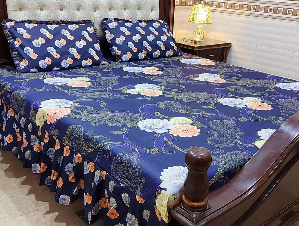 3 Pcs Cotton Salonica Printed Frill Double Bedsheet