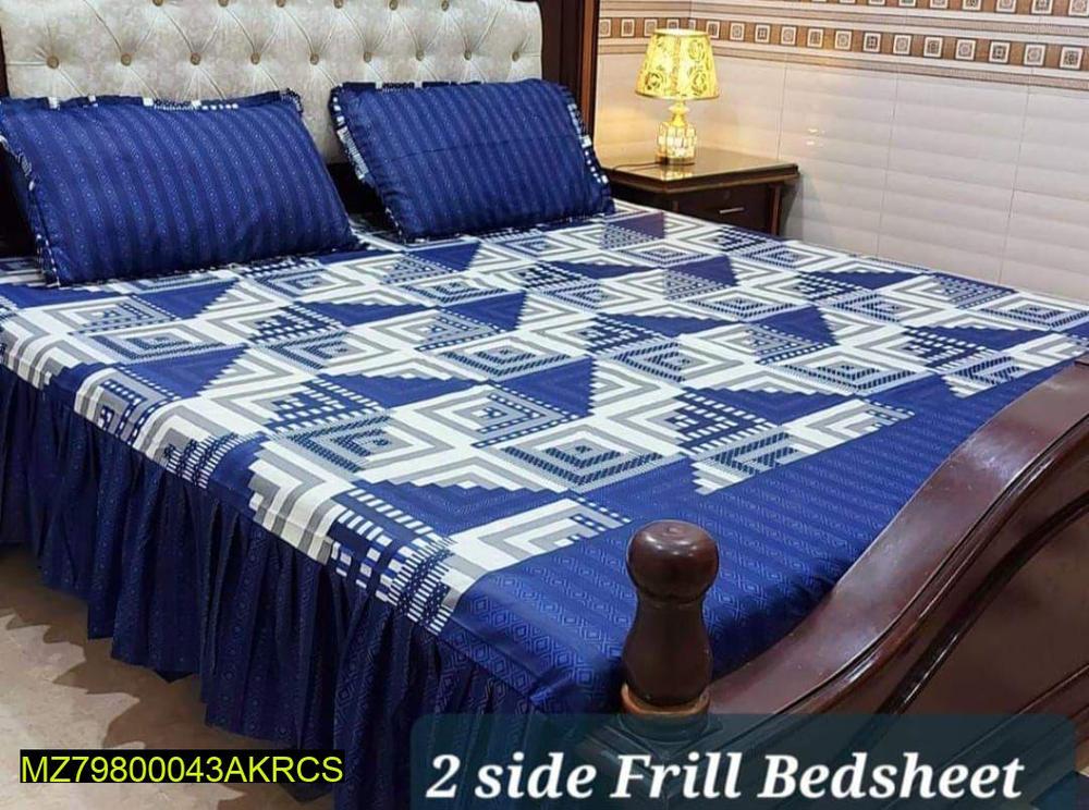 3 Pcs Cotton Salonica Printed Frill Double Bedsheet
