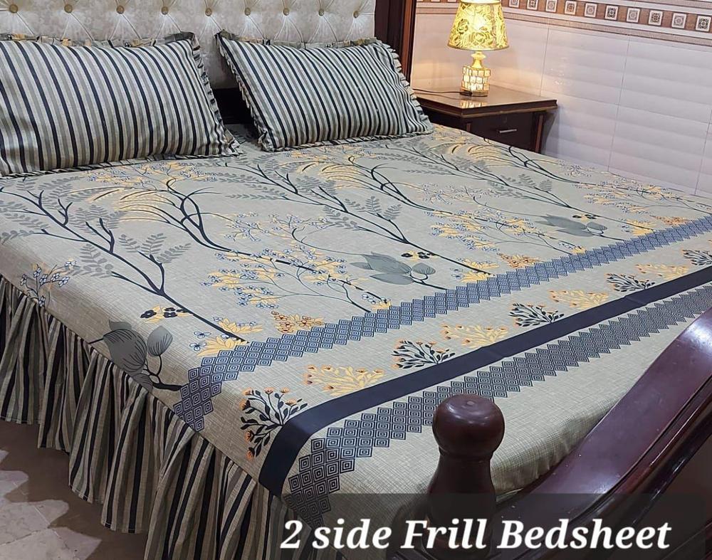 3 Pcs Cotton Salonica Printed Frill Double Bedsheet