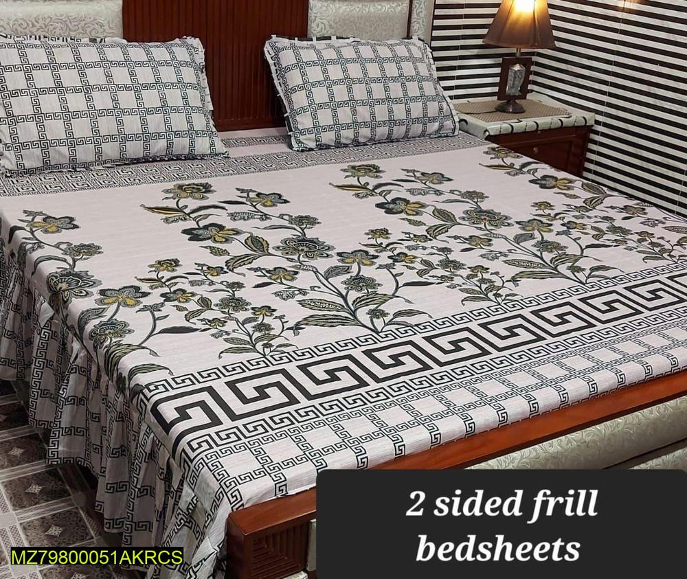3 Pcs Cotton Salonica Printed Frill Double Bedsheet