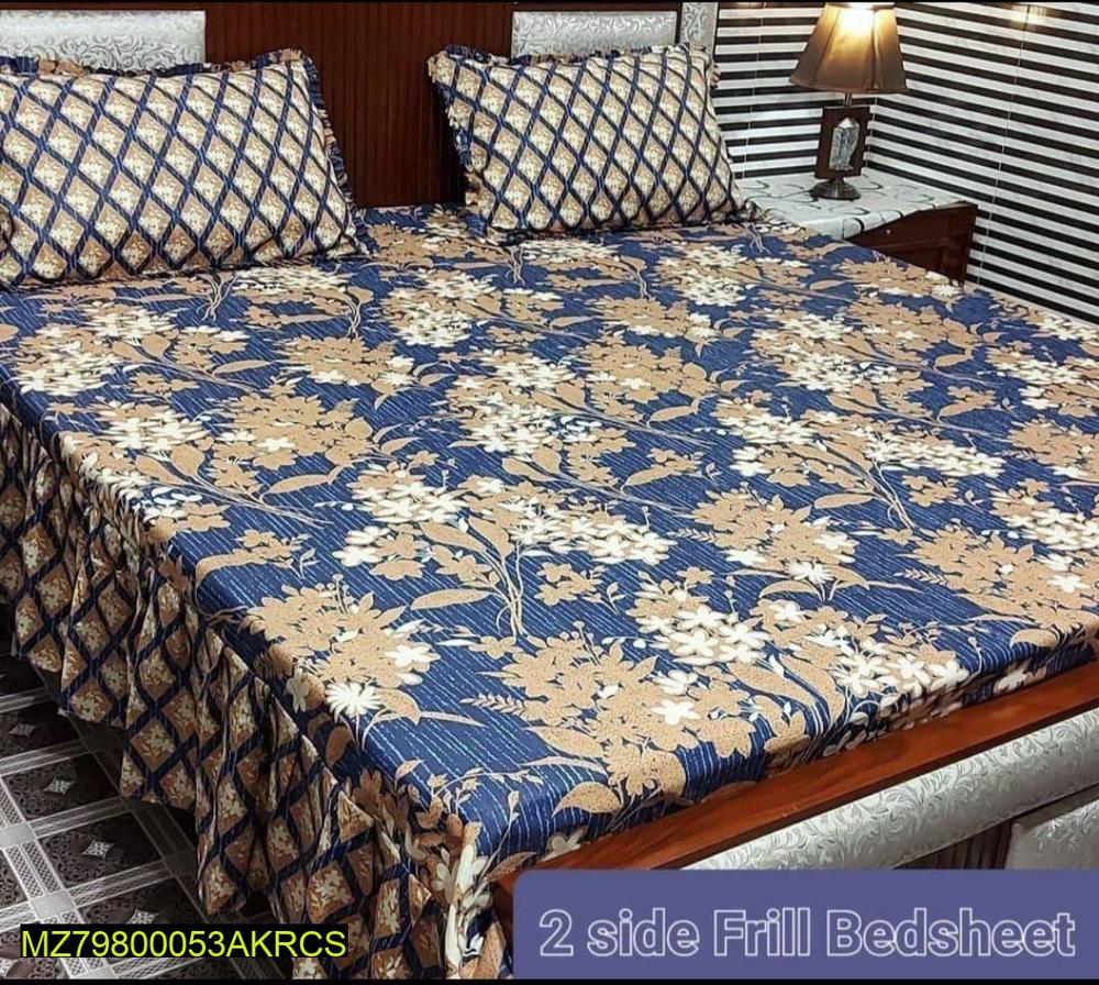 3 Pcs Cotton Salonica Printed Frill Double Bedsheet
