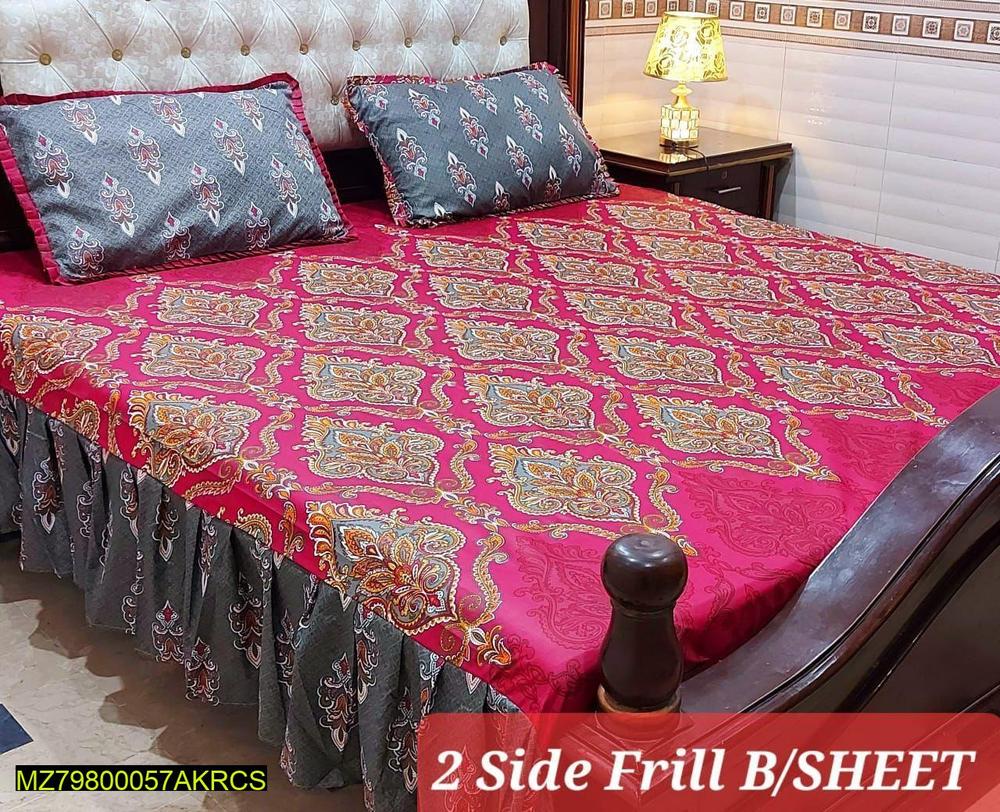 3 Pcs Cotton Salonica Printed Frill Double Bedsheet