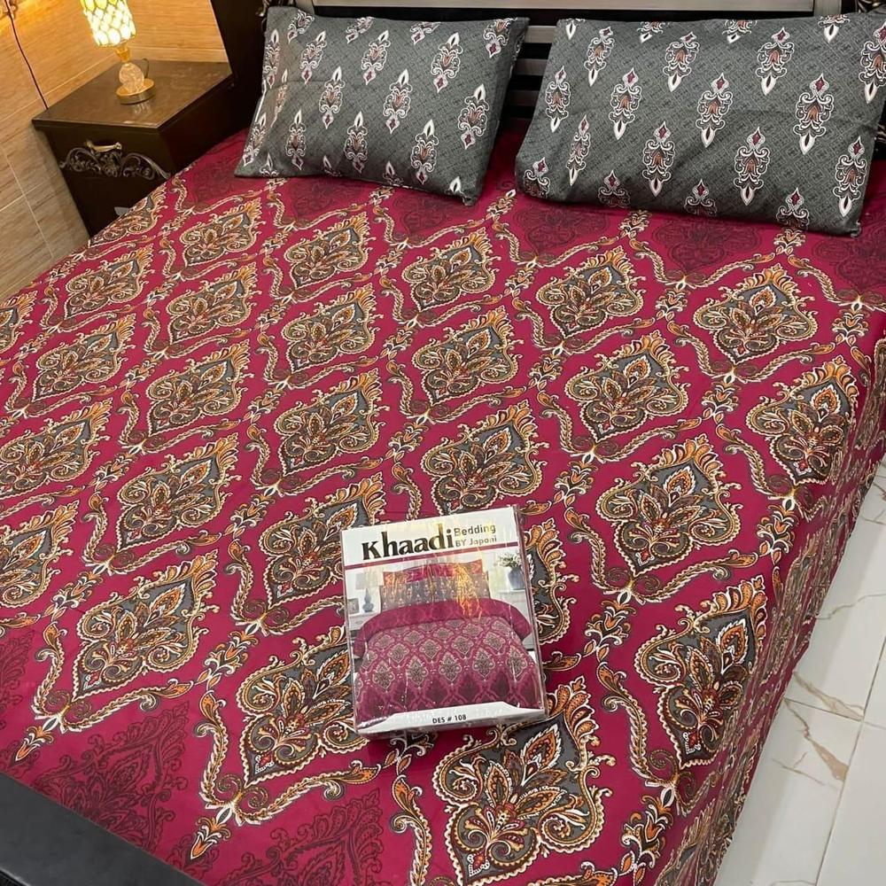 3 Pcs Cotton Printed Double Bedsheet