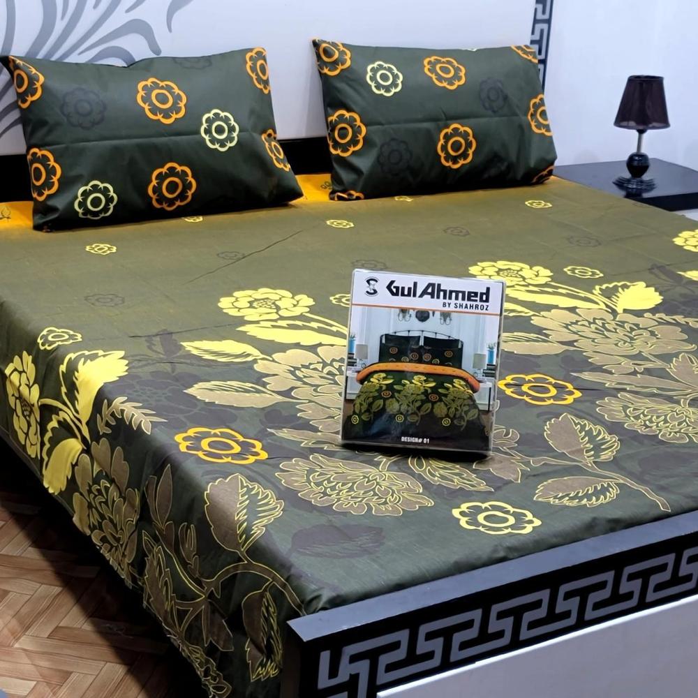 3 Pcs Cotton Salonica Printed Double Bedsheet