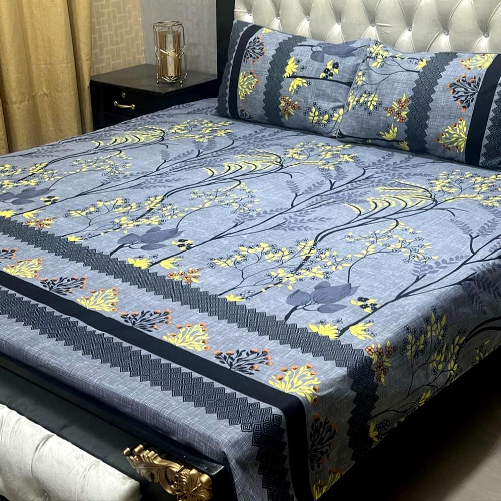 3 Pcs Crystal Cotton Printed Double Bedsheet