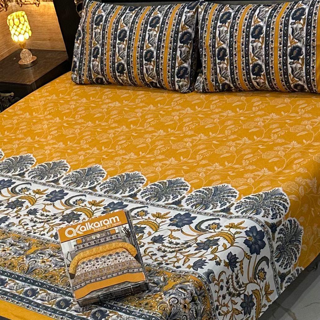 3 Pcs Cotton Salonica Printed Double Bedsheet