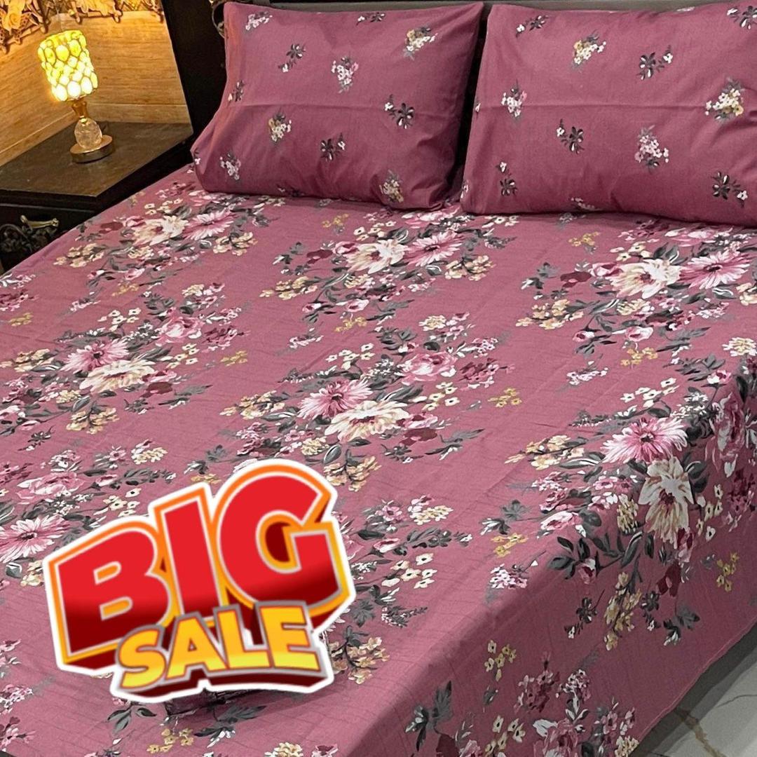 3 Pcs Cotton Salonica Printed Double Bedsheet