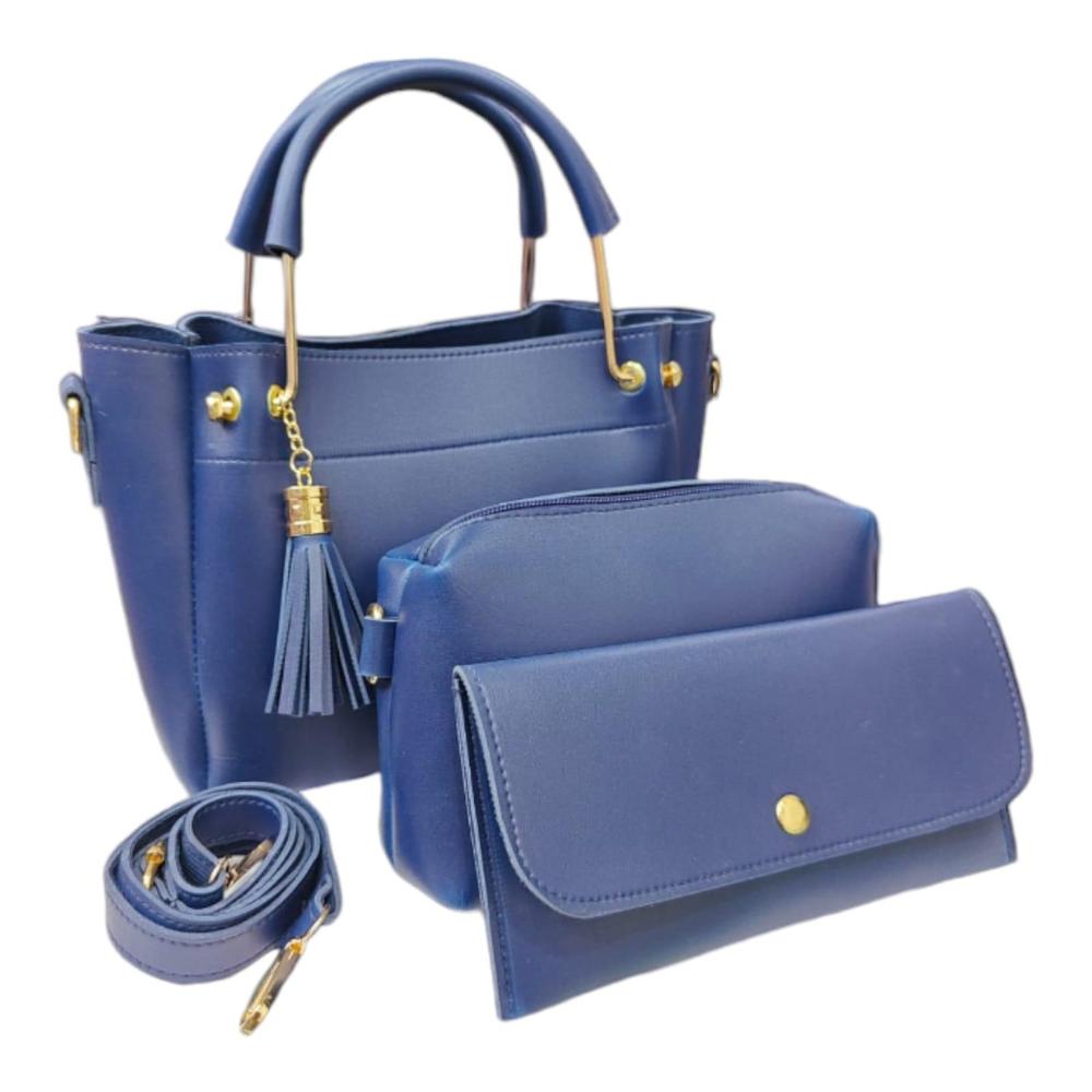 Chic Women's Blue PU Leather Hand Bag Set - 3 Piece Stylish Accessory