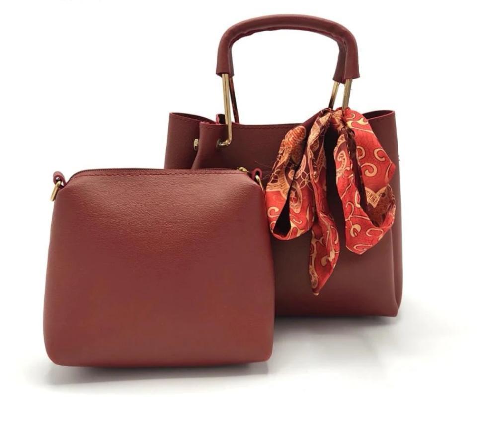 Stylish Women's PU Leather Hand Bag Set - 2 Pcs in Brown
