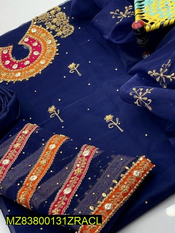 3 Pcs Women's Unstitched Fancy Organza Cut-work Embroidered Suit