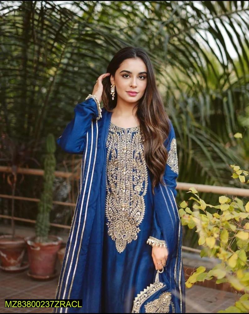 5 Pcs Women's Unstitched Katan Silk Embroidered Suit