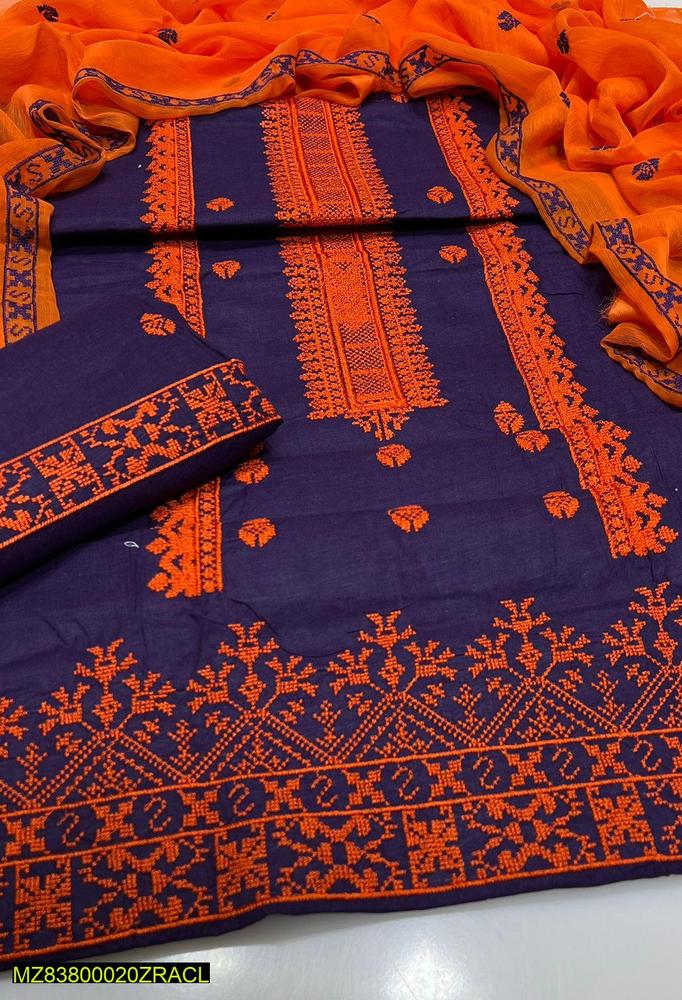3 Pcs Women's Unstitched Cotton Embroidered Suit