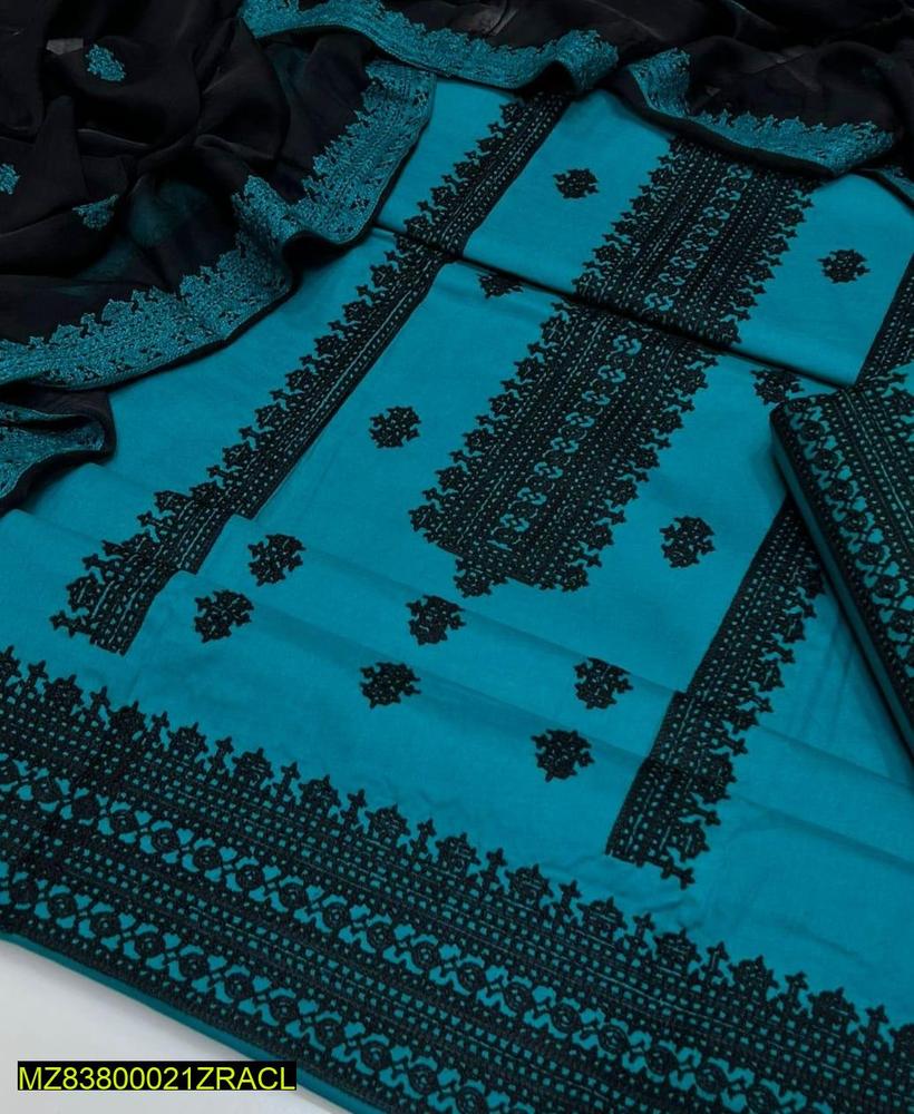 3 Pcs Women's Unstitched Cotton Embroidered Suit