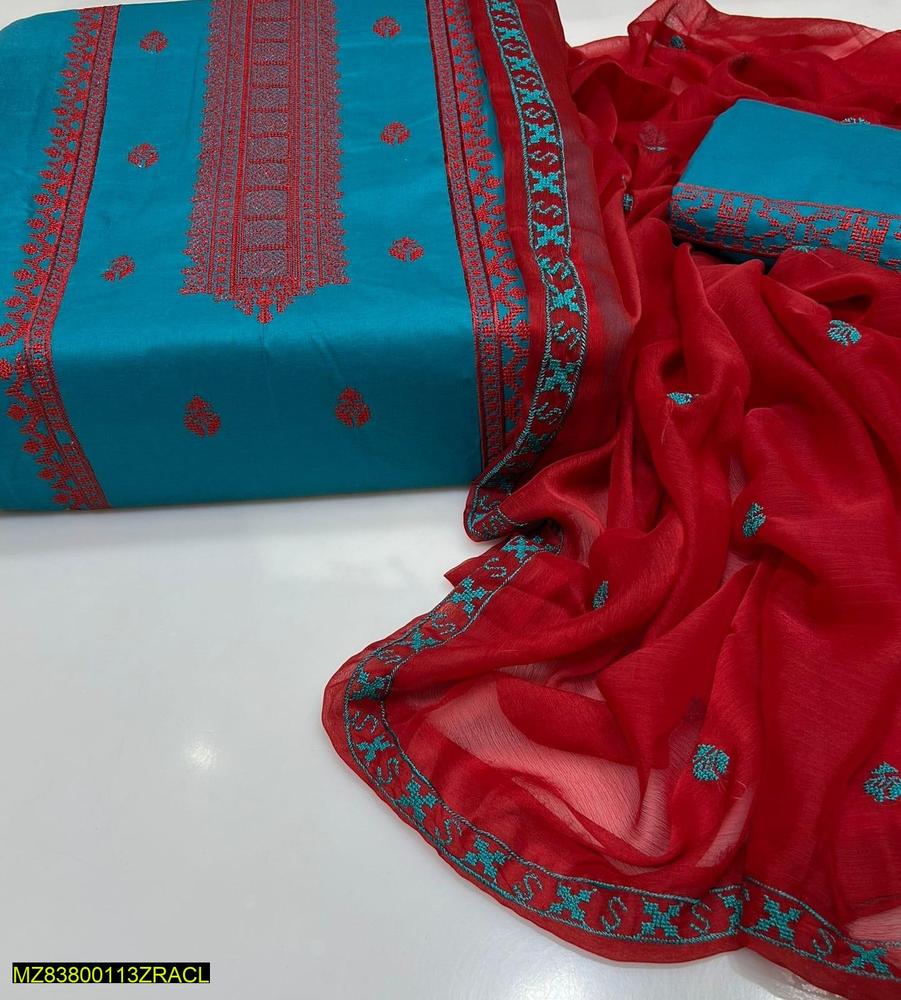 3 Pcs Women's Unstitched Cotton Embroidered Suit