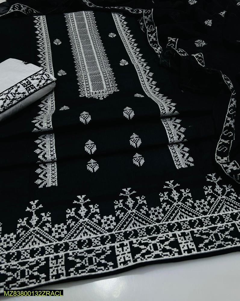 3 Pcs Women's Unstitched Lawn Embroidered Suit