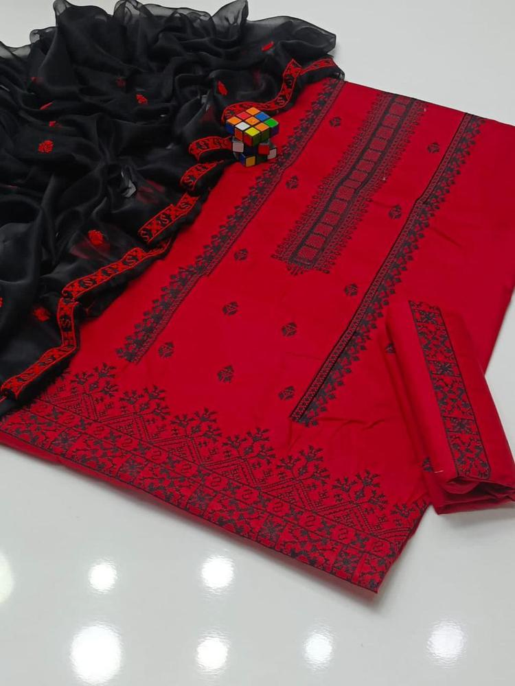 3 Pcs Women's Unstitched Cotton Embroidered Suit