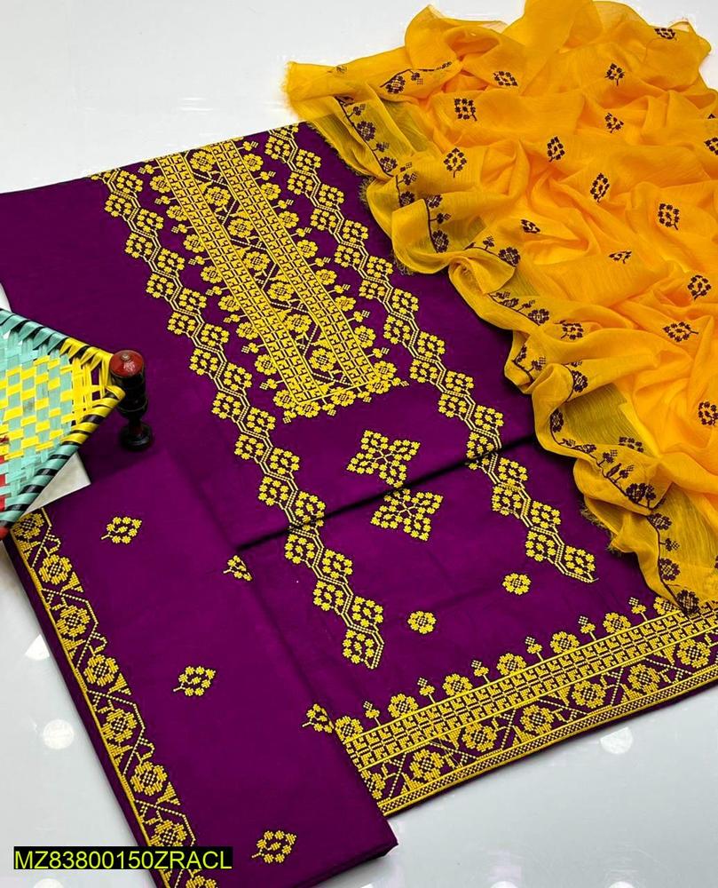 3 Pcs Women's Unstitched Cotton Embroidered Suit