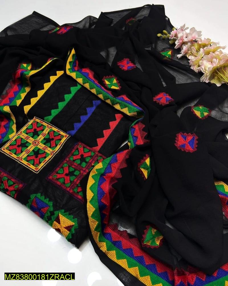 3 Pcs Women's Unstitched Cotton Embroidered Suit