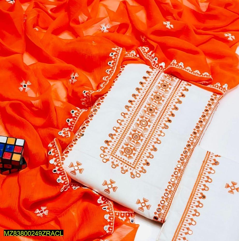 3 Pcs Women's Unstitched Cotton Embroidered Suit