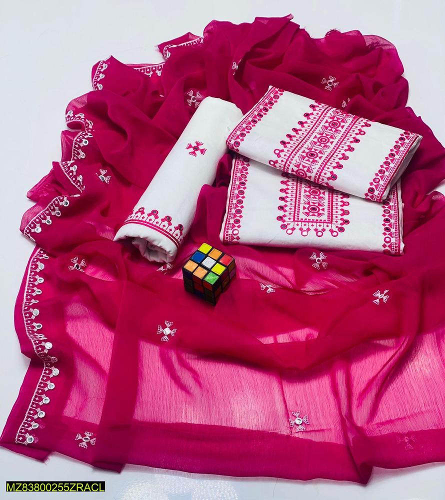 3 Pcs Women's Unstitched Cotton Embroidered Suit