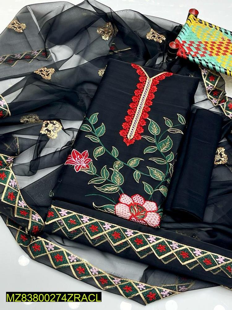 3 Pcs Women's Unstitched Organza Embroidered Suit