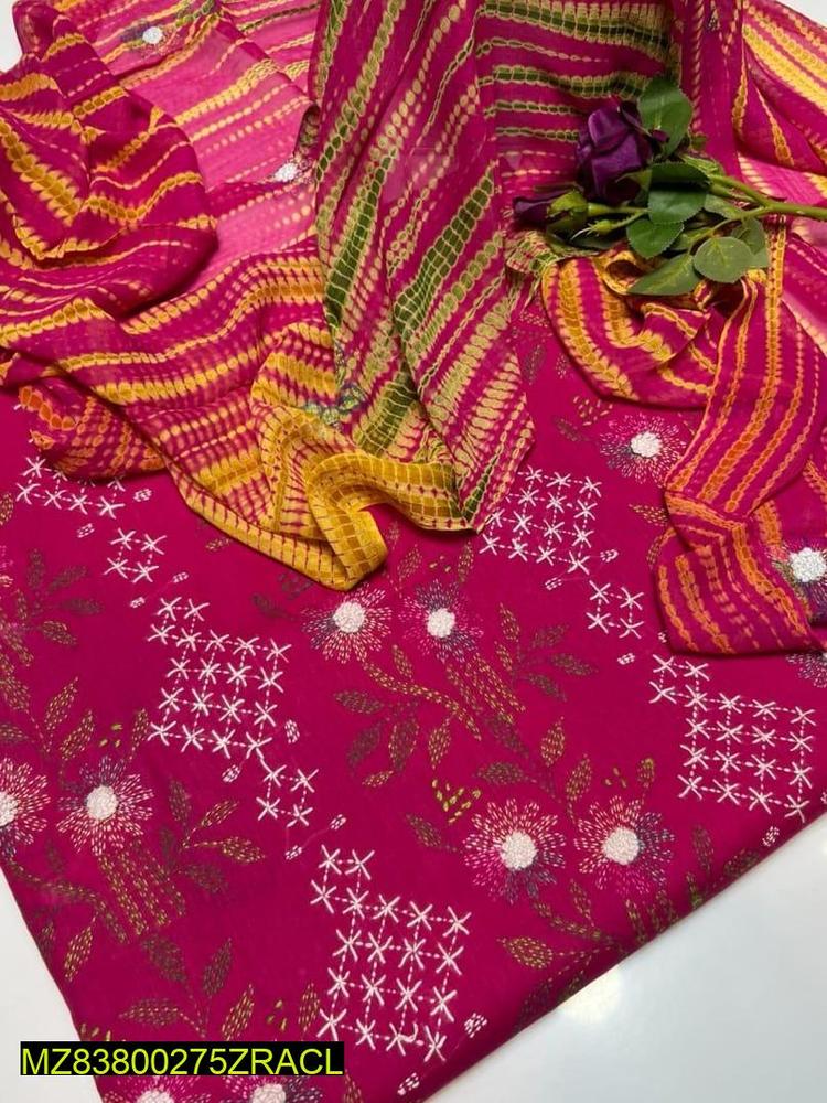 3 Pcs Women's Unstitched Lawn Embroidered Suit