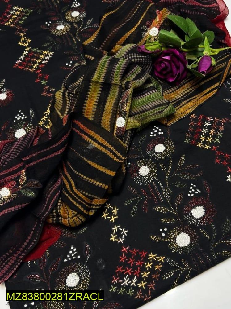 3 Pcs Women's Unstitched Lawn Embroidered Suit