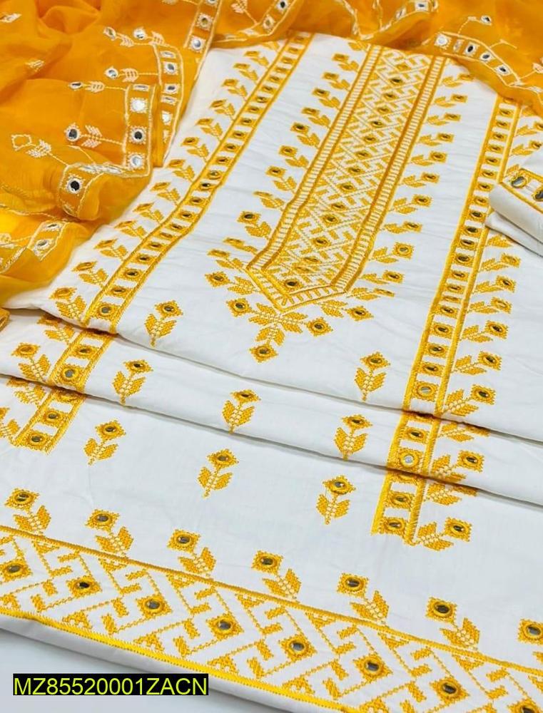 3 Pcs Women's Unstitched Cotton Embroidered Suit