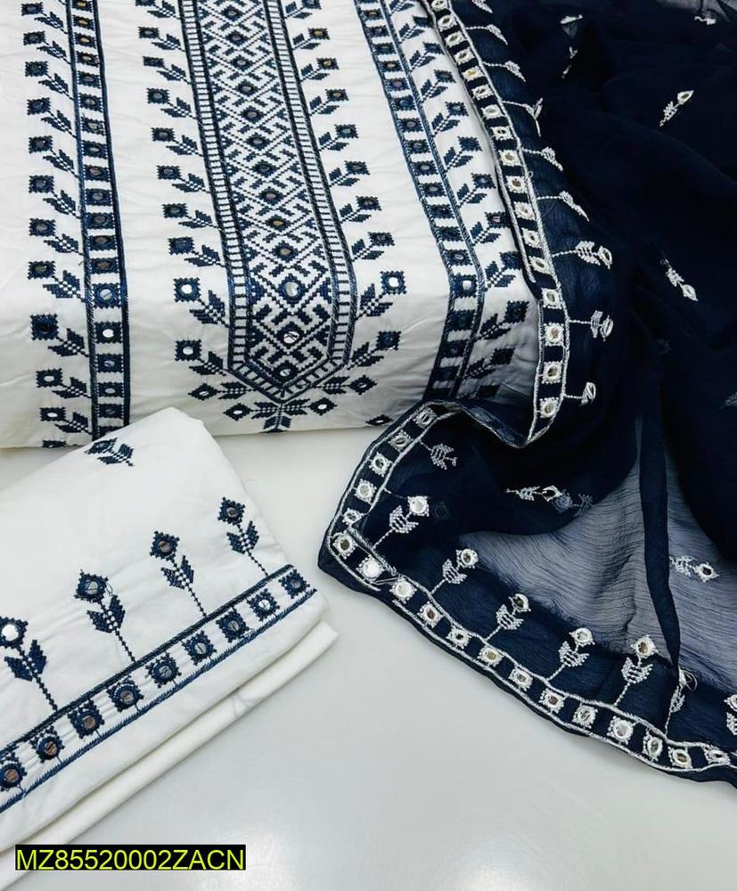 3 Pcs Women's Unstitched Cotton Embroidered Suit