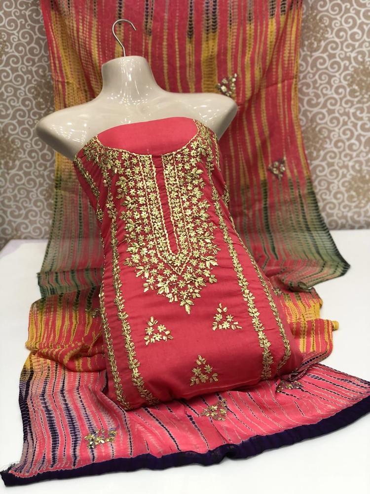 3 Pcs Women's Unstitched Lawn Hand Work Gota Suit