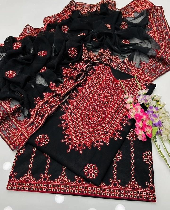 3 Pcs Women's Unstitched Cotton Embroidered Suit