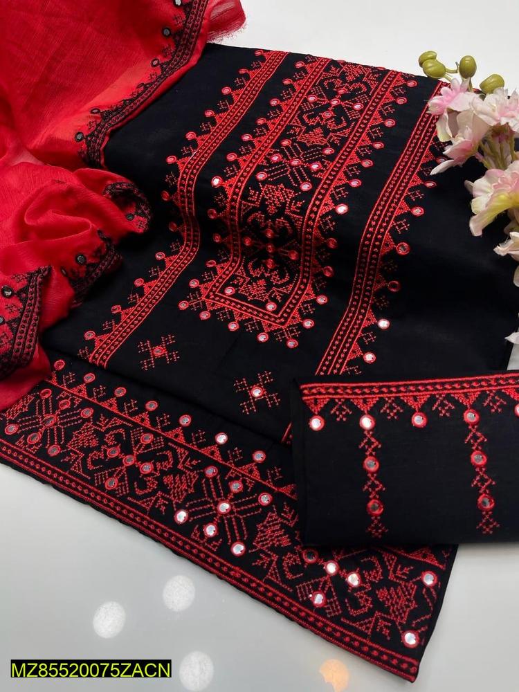 3 Pcs Women's Unstitched Cotton Embroidered Suit