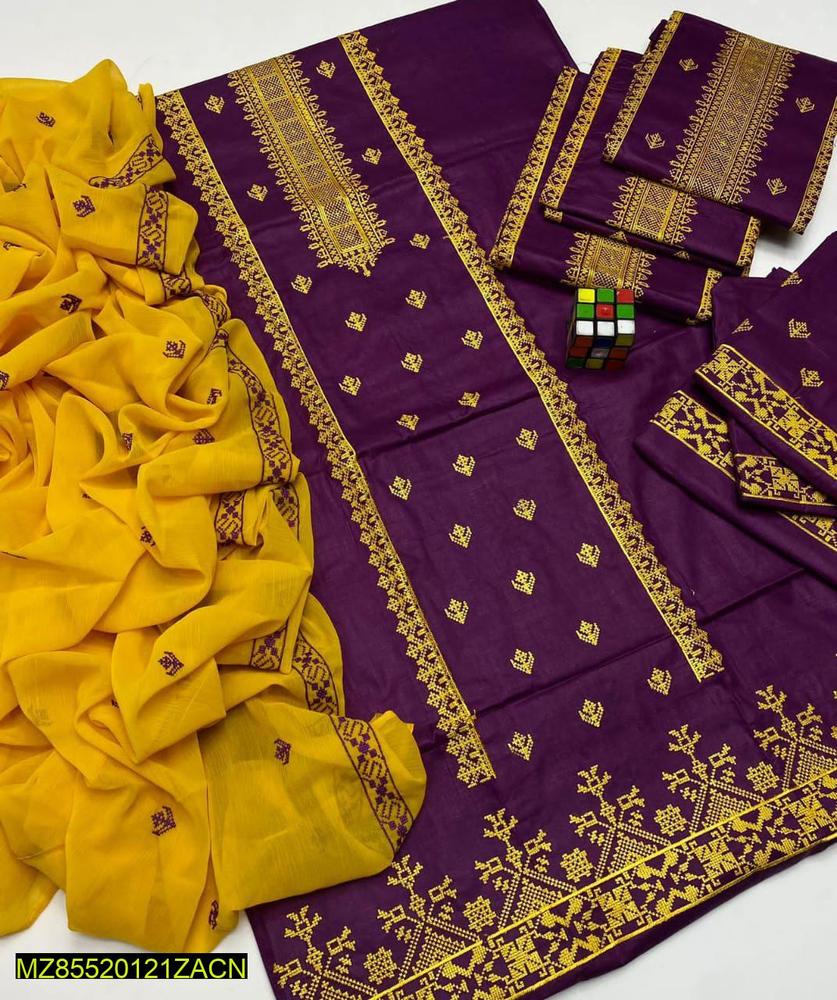 3 Pcs Women's Unstitched Lawn Embroidered Suit