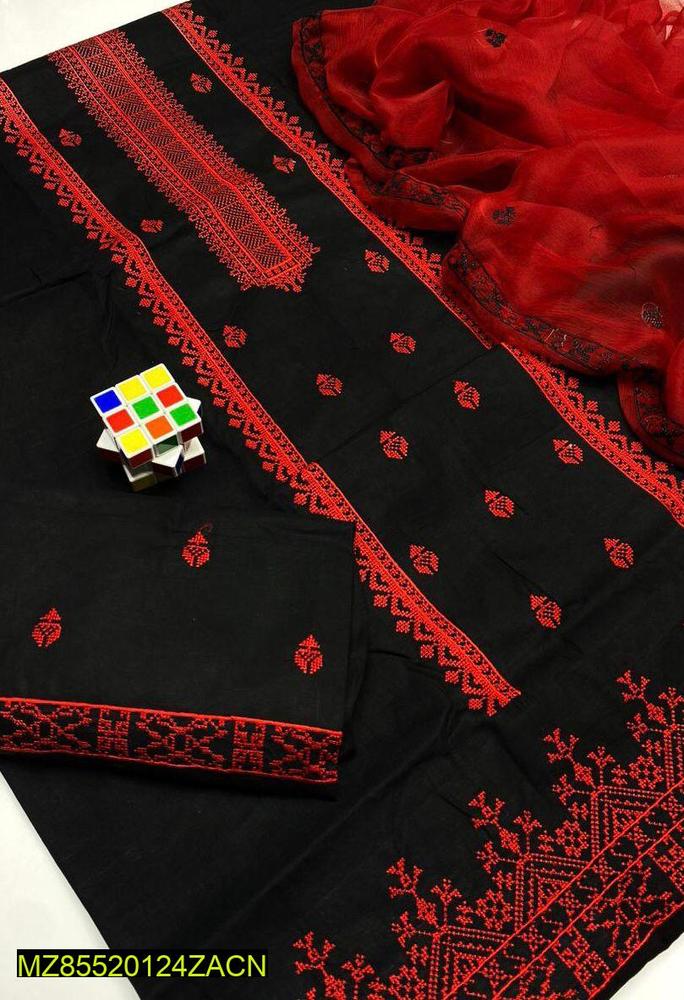 3 Pcs Women's Unstitched Lawn Embroidered Suit