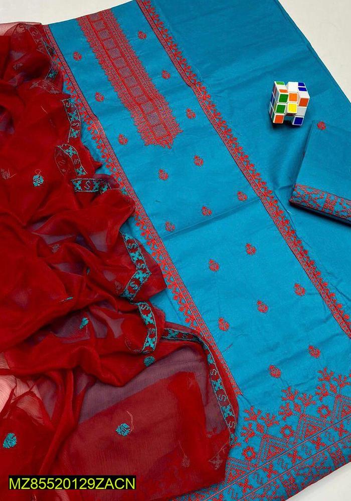 3 Pcs Women's Unstitched Cotton Embroidered Suit