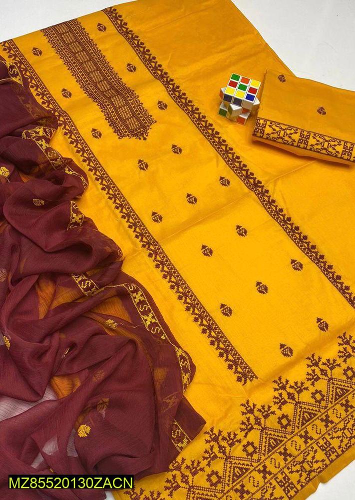 3 Pcs Women's Unstitched Cotton Embroidered Suit