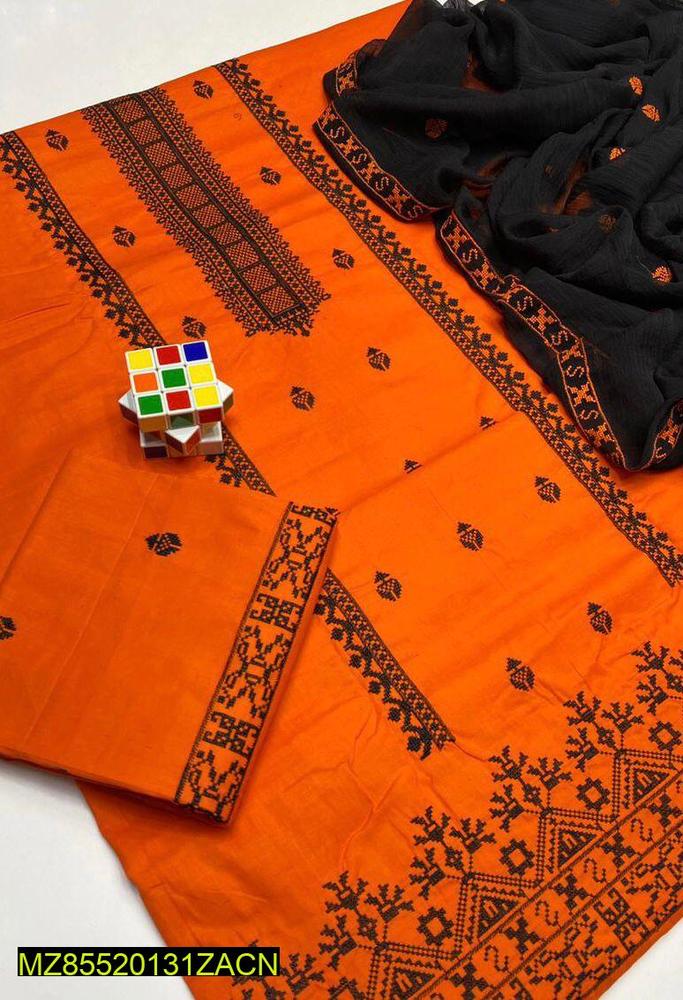 3 Pcs Women's Unstitched Cotton Embroidered Suit