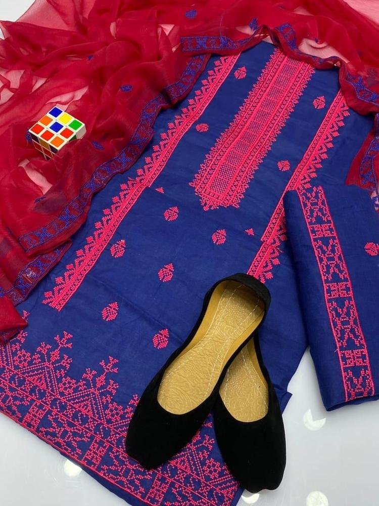 3 Pcs Women's Unstitched Cotton Embroidered Suit