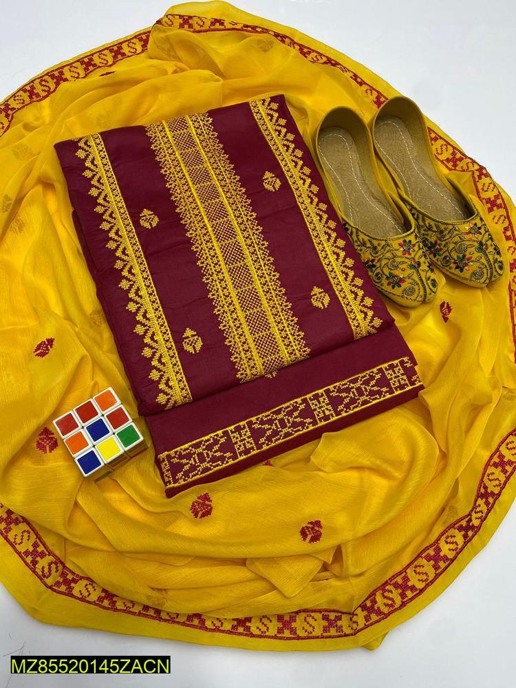 3 Pcs Women's Unstitched Cotton Embroidered Suit