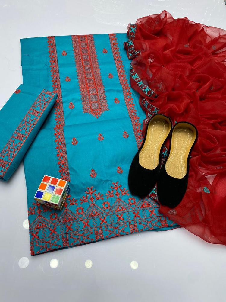 3 Pcs Women's Unstitched Cotton Embroidered Suit