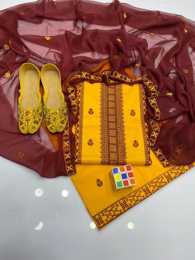 3 Pcs Women's Unstitched Cotton Embroidered Suit
